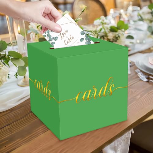 Image of 1 Pack Green and Gold Foil Card Box for Party, 8.7 inch Green Gift Card Box Money Box for Birthday, Wedding, Baby Shower, Retirement, Anniversary, Bridal Shower, Raffle Ticket
