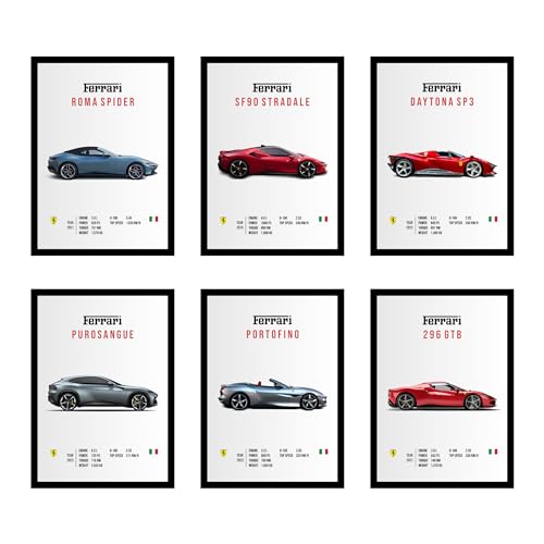 Image of CodersParadise Paper Ferrari Wall Poster Frames - Pack Of 6 | 8 X 12Cm (A4 Size) | Aesthetic Artwork Framed Posters | Framed Posters For Living Room, Bedroom