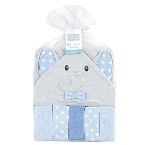 Image of Hudson Baby Unisex Baby Hooded Towel and Five Washcloths, White Dots Gray Elephant, One Size