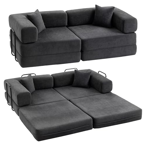 HOMCOM Sofá Cama de 2 Plazas Plegable, Sofá Cama, Tapizado en Chenilla, con 2 Almohadas, Reposabrazos Anchos, Acolchado Grueso, No Requiere Montaje, para Dormitorio, Salón, Gris Oscuro