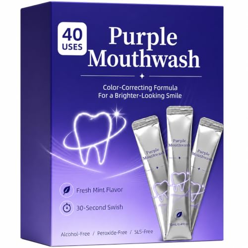 Image of Purple Mouthwash Whitening Sachets 40 Pack, Color Correcting Mouthwash - Peroxide & Alcohol Free, Freshens Therabreath, Oral Care Supports, Mint Flavor