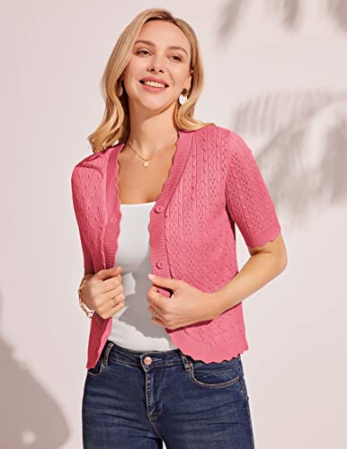 Short Sleeve Cardigan For Women Vee Neck Crochet Sweater Jacket Cropped Bolero Shrug Cardigan(Watermelon S) #TOP4