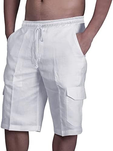 Men's Linen Shorts Casual Loose Cotton Linen Shorts Elastic Waist Drawstring Summer Beach Shorts with Pockets White Large