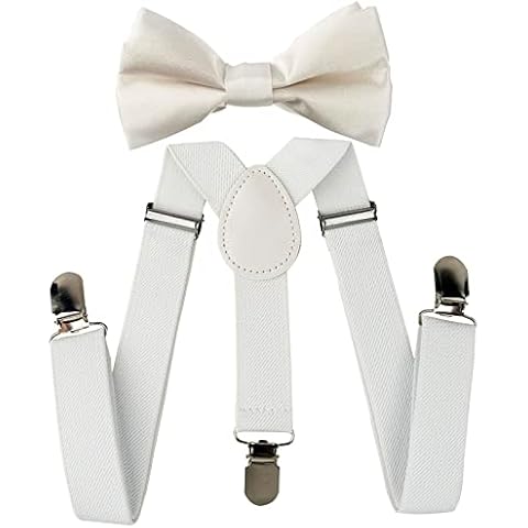 SEVENHEAD White Child Kids Suspenders Bowtie Set Adjustable Suspender Set Elastic Y-Back Design with Strong Metal Clips for Boys and Girls Cover
