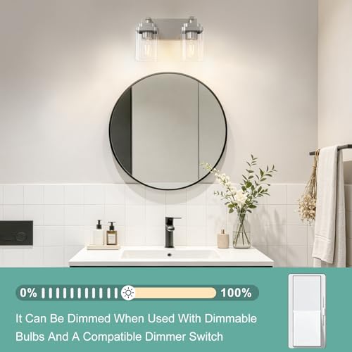 Image of Brushed Nickel Bathroom Light Fixtures, 2 Lights Bathroom Lighting Fixtures Over Mirror, Square Design & Rectangle Large Backplate, Modern Vanity Lighting Fixtures, for Living Room /Bedroom
