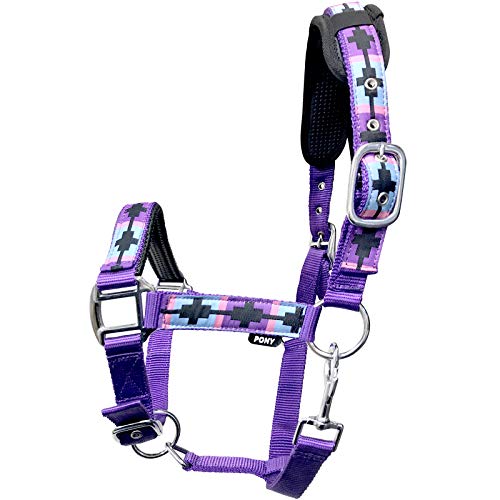 tigerbox Licol pour cheval en nylon avec tête rembourrée et muserolle Rose/violet/bleu ciel Cover