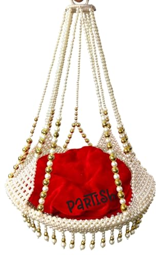 Image of PARTISH Handcrafted Hanging Moti Jhula for Laddu Gopal Ji | Premium Pearl Beaded Swing Palna with Red Velvet Cushion & Gold Accents for Janmashtami & Home Temple Decor (for Idol Size 0,1 & 2, Moti)