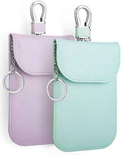 RFID Signal Blocker Faraday Pouch for Car Keys Premium PU Leather Jammer for Keyless Entry Relay Attack Prevention (2 Pack - Light Purple + Light Green)