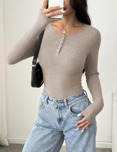 Ekouaer Womens Long Sleeve Henley Shirts Ribbed Winter Clothes Apricot - image 4