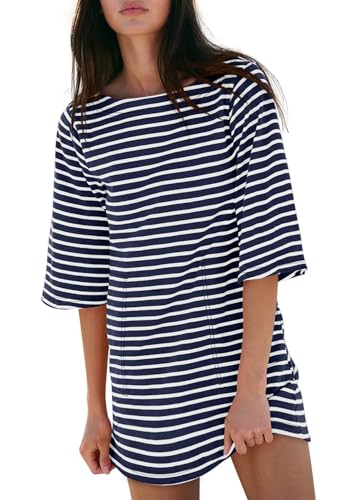 Image of Yousify Women's T Shirt Dress Cotton Summer Dresses 2026 Casual Loose Short Sleeve Striped Mini Dress with Pockets