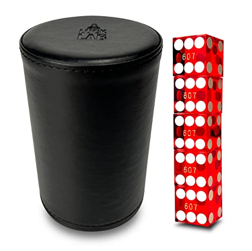 Luck Lab Black Leather Dice Stacking Cup with 5 Serialized Razor Edge 19 mm Casino Dice - Pro Straight Cup for Stacking and Magic Tricks (Red Dice)
