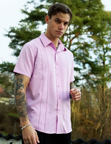 Image of COOFANDY Mens Cuban Guayabera Shirt Short Sleeve Button Down Shirts Summer Beach Vacation Shirts