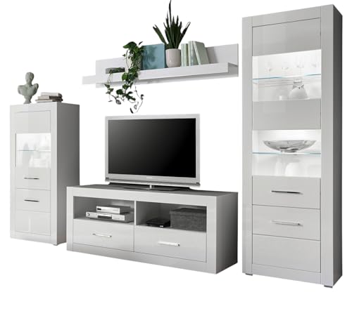 Furn.Design Wohnwand in weiß Hochglanz, Wohnkombination 4-teilig 300 x 198 cm, Carrara Furn.Design Wohnwand in weiß Hochglanz, Wohnkombination 4-teilig 300 x 198 cm, Carrara