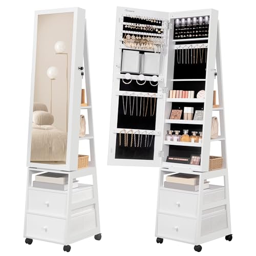 Hzuaneri Jewelry Organizer Cabinet Standing for Women, Lockable Full Length Mirror Cabinet with 2 Drawers, 360° Swivel Jewellery Armoire with Lights on Wheels, Storage Shelves, White JC37503B