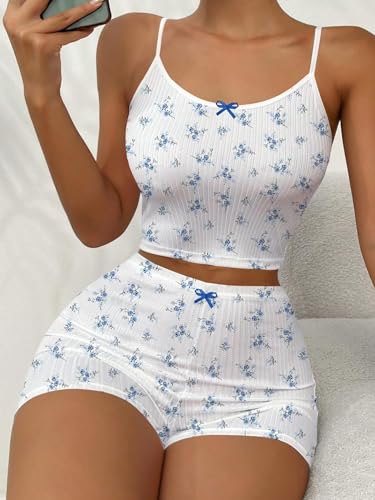 Image of Hilinker Womens Graphic 2 Piece Pajama Set Summer Cute Crop Cami and Shorts Ribbed Lounge Sets
