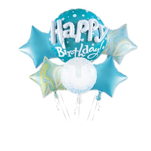 Image of Happy Birthday Balloon Bouquet, Green and White Foil 6 Pack with Star and Round Shapes, Large
