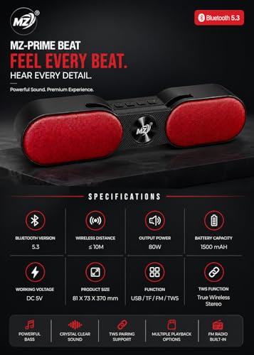 Image of Prime Beat 80W Bluetooth Speaker with Mobile Stand, TWS Pairing, Bluetooth 5.3, 1500mAh Battery, Loud Bass & Clear Sound, USB /TF /FM Support - Wireless Speaker for TV, Laptop, Tablet & Mobile (RED)
