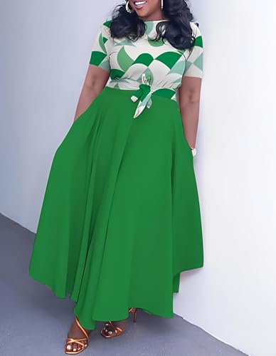 Image of Hostoyo Women Plus Size Formal A Line Maxi Dress Self Tie Waist with Pockets Elegant Round Neck Swing Long Dresses
