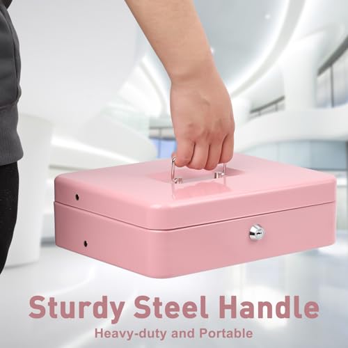 Image of KYODOLED Locking Cash Box with Lock, Money Box with Cash Tray,Lock Safe Box with Key, Money Saving Organizer, 11.81Lx 9.45Wx 3.54H Inches, Pink XL Large
