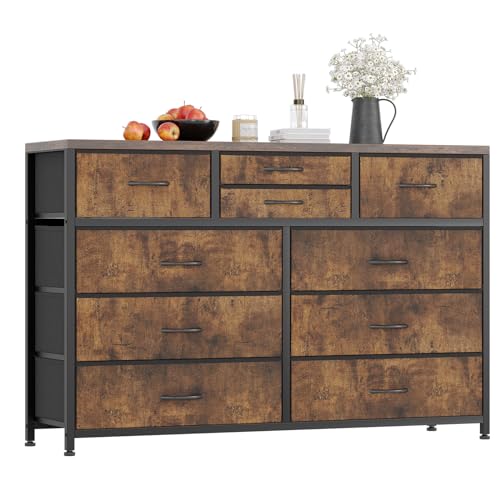 Jojoka Wide 10 Drawer Dresser,TV Stand Entertainment Center Fabric Storage Dressers Drawers for Bedroom, Hallway, Nursery, Closets, Steel Frame, Wood Top (Rustic)