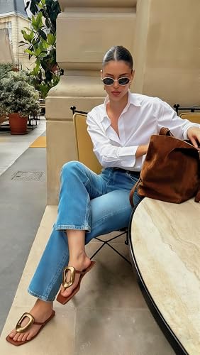 Image of PARTY Square Toe Flip Flops Women,Fashion Designer Thong Sandals with Gold Buckle Trendy Summer Comfort Flat Sandals