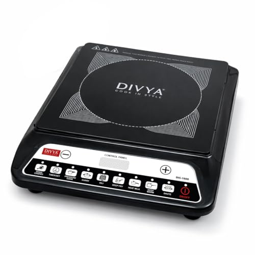 Image of DIVYA 1600 W Induction Cooktop for Home | Indian Cooking Functions | Over Heating Protection | Voltage Control Technology | Energy Efficient Induction Stove | Black
