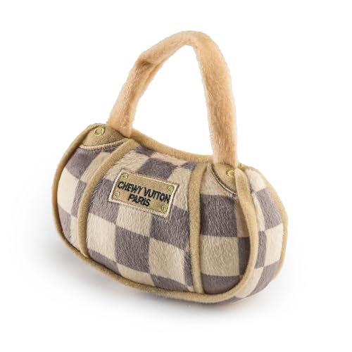 Haute Diggity Dog Chewy Vuiton Handbag Plush Squeaky Dog Toy Soft Durable Designer-Inspired Stuffed Puppy Chew Toys for Small & Medium Dogs Machine-Washable (Tan Checker) Small
