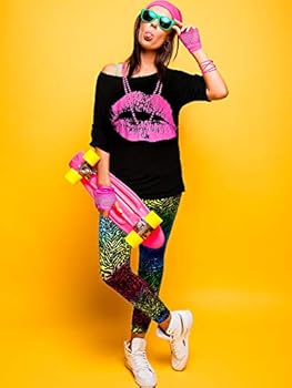 Blulu 80s Vrouwen Kostuum Set, Lippen Print Off Shoulder T-shirt