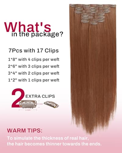 Image of Moresoo Copper Clip in Human Hair Extensions, 18inch Seamless PU Skin Weft | Clip in hair extensions, light copper, 120g 7pcs, for social and autumn styling, adds warm dimension for cozy elegant looks