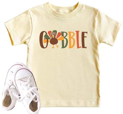CAZYCHILD Toddler Thanksgiving Shirt for Boys Girls Turkey Shirts Gobble Till You Wobble T-Shirt Thankful Grateful Tops Cream
