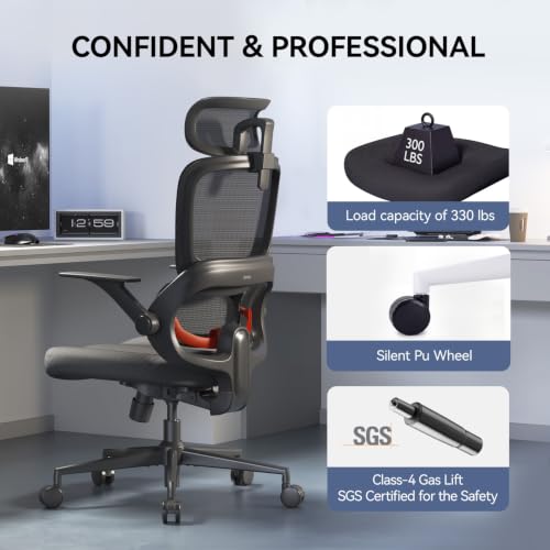 Image of SIHOO B100 SE Ergonomic Mesh Office Chair, Desk Chair with Lumbar Support | Soft Memory Foam, Flip-up Armrests, Computer Chair for Home Office, 3-Gear 135 tilt, Hold 300lbs - Black