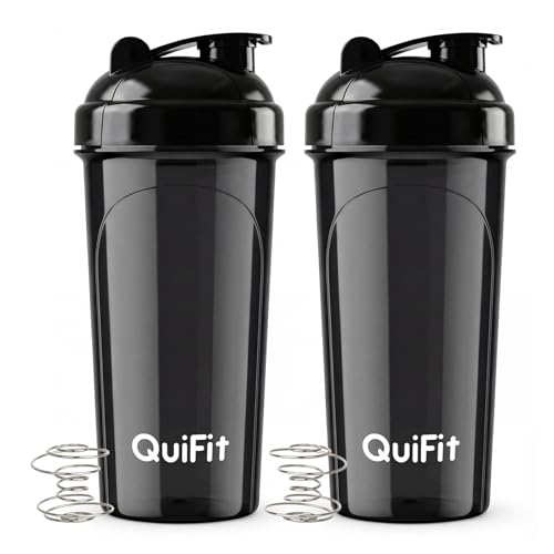 Image of QuiFit Protein Shaker Bottle 2 Pack, 700ML Shaker Water Bottle with Stainless Steel Mixing Ball, Shaker Cup for Supplement Powder Smoothie, Lump-Free BPA Free Dishwasher Safe (2pcs Black)