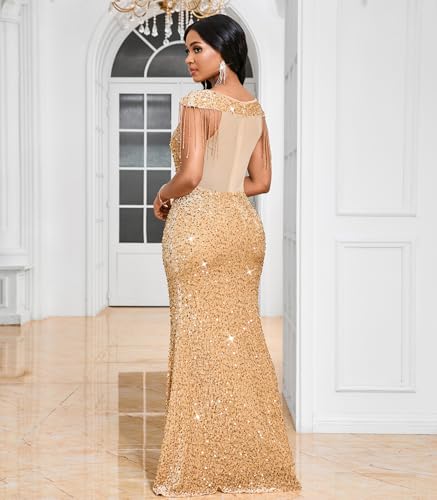 Image of Cololura Women Sexy Sequin Mesh Perspective Bodycon Party Cocktail Evening Gown Maxi Dress