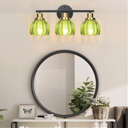 Image of Ldeco 3 Light Bathroom Vanity Light Fixtures Vintage Wall Sconce with Green Glass Shades Brushed Black Wall Mount Light Over Mirror Hallway Cabinet Living Room Decor E26 Base