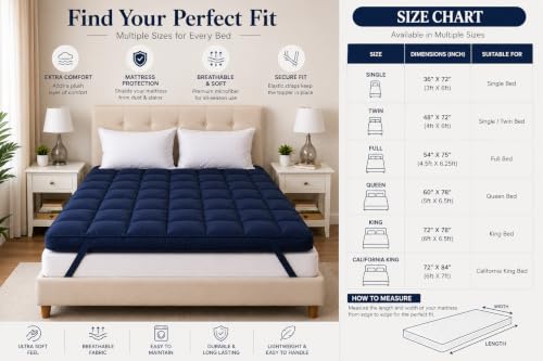 Texlux 2000 GSM Premium Microfiber Mattress Topper King Size (72 x 78 Inch) | Extra Soft Quilted Mattress Pad with Elastic Corner Straps | Breathable Hotel Style Mattress Protector | Dark Blue - Image 5