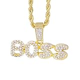 Techno Pave Men's Iced-Out Pendant Necklace – 24-Inch Chain, Hip-Hop Streetwear Jewelry - Gold Boss Pendant with 4mm Rope Chain