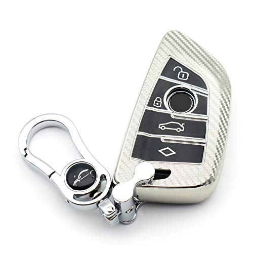 M.jvisun Soft Carbon Fiber Finish Car Key Fob Cover For Bmw 2 Series 3 5 6 7 Series Gt5 M4 M5 X1 X2 X3 X5 X5M X6 X6M X7 Electroplated Tpu Case With Metal Keychain - Silver #TOP24