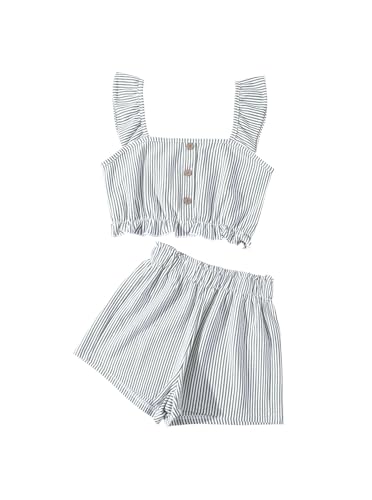 Image of Girl's Summer Clothing Sets Knit Ruffle Striped T-Shirt and Shorts 2 Piece Outfits
