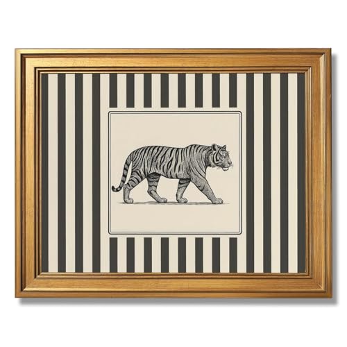 Gold Framed Vintage Tiger Wall Art Black and White Striped Wild Animal Poster Retro Jungle Big Cat Wildlife Canvas Print Botanical Safari Minimalist Exotic Artwork for Home Office Decor 8x10inch