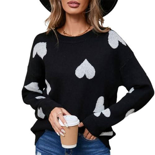 FeMereina Women Valentines Day Sweater Long Sleeve Embroidery Heart Sweater Oversized Knitted Pullover Jumper Tops (Black, XL)