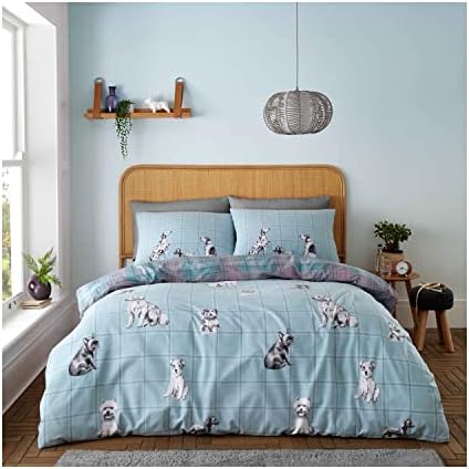 Lions Animal Print Bedding - Double Duvet Set with Pillowcase, Reversible Tartan Check Quilt Cover, Cute Dog Poly Cotton Bed Sets, Easy Care Super Soft, Button Closure, 200x200cm