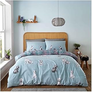 Lions Animal Print Bedding - Double Duvet Set with Pillowcase, Reversible Tartan Check Quilt Cover, Cute Dog Poly Cotton Bed Sets, Easy Care Super Soft, Button Closure, 200x200cm