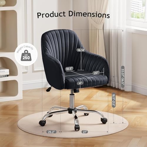 Image of AZAKEE Velvet Office Chair with Wheels & Armrests - Mid-Back Swivel Desk Chair for Home Office, Study, Bedroom & Vanity - Adjustable Height, Comfortable & Stylish (Black)