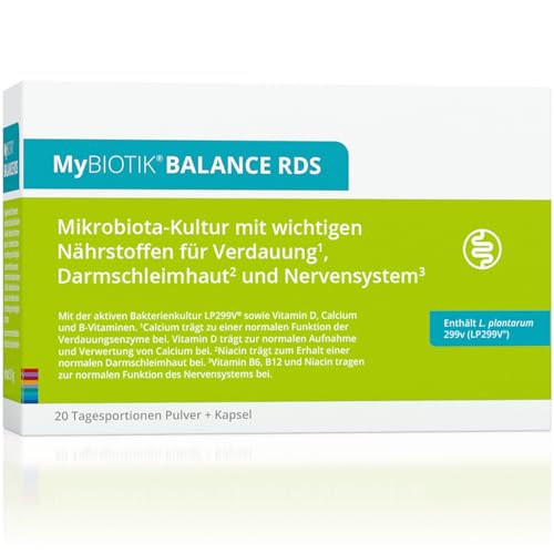 MyBIOTIK®BALANCE RDS I made by nutrimmun I Für 20 Tage I Aktive Bakterienkultur LP299V® I Vitamin D I Calcium I B-Vitamine I Pulver + Kapseln I Vegetarisch I Glutenfrei I Laktosefrei I Laborgeprüft