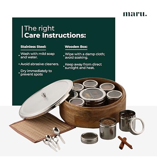 Image of MARU 12-in-1 Wooden Spice Box | Stainless Steel Containers With See-Through Lids | 8 Small & 1 Large Container With Middle Partition | Perfect For Organizing Spices, Herbs, Masalas & Seasonings