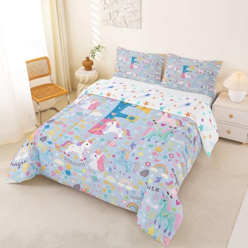Edredón de unicornio azul reversible de cama individual con inicial F 5