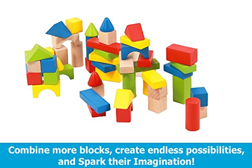 Deluxe 50 Piece Hand-Crafted Wooden Building Blocks Set with Carrying Container - Hardwood Plain & Colored Wood Playing Toy Blocks for Boys & Girls - Durable Stacking Blocks for Toddlers Preschool age - Thumbnail 5