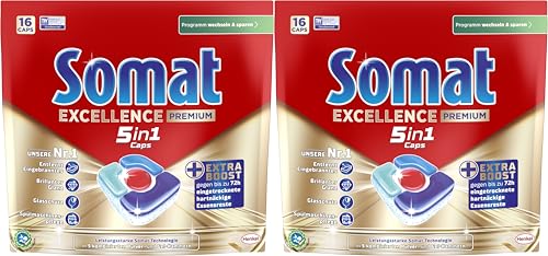 Somat Excellence Premium 5 en 1 Caps, 32 cápsulas (2 x 16 tapas), pastillas para lavavajillas de liberación rápida con Extra Boost, Somat Caps eliminan incluso 72 h de restos de comida secos y