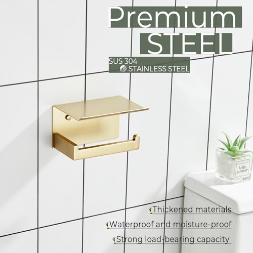 Image of KOKOSIRI Toilet Paper Holder with Shelf Toilet Roll Holder for Bathroom Restroom T-304 Stainless Steel Wall Mounted, Gold Finish, B2010BG