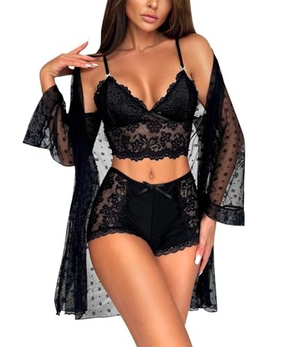 RSLOVE Lencería sexy para mujer en conjuntos - Juego de sujetador y bragas de encaje con bata de malla, 3 piezas de ropa de noche estilo babydoll, Negro, L
